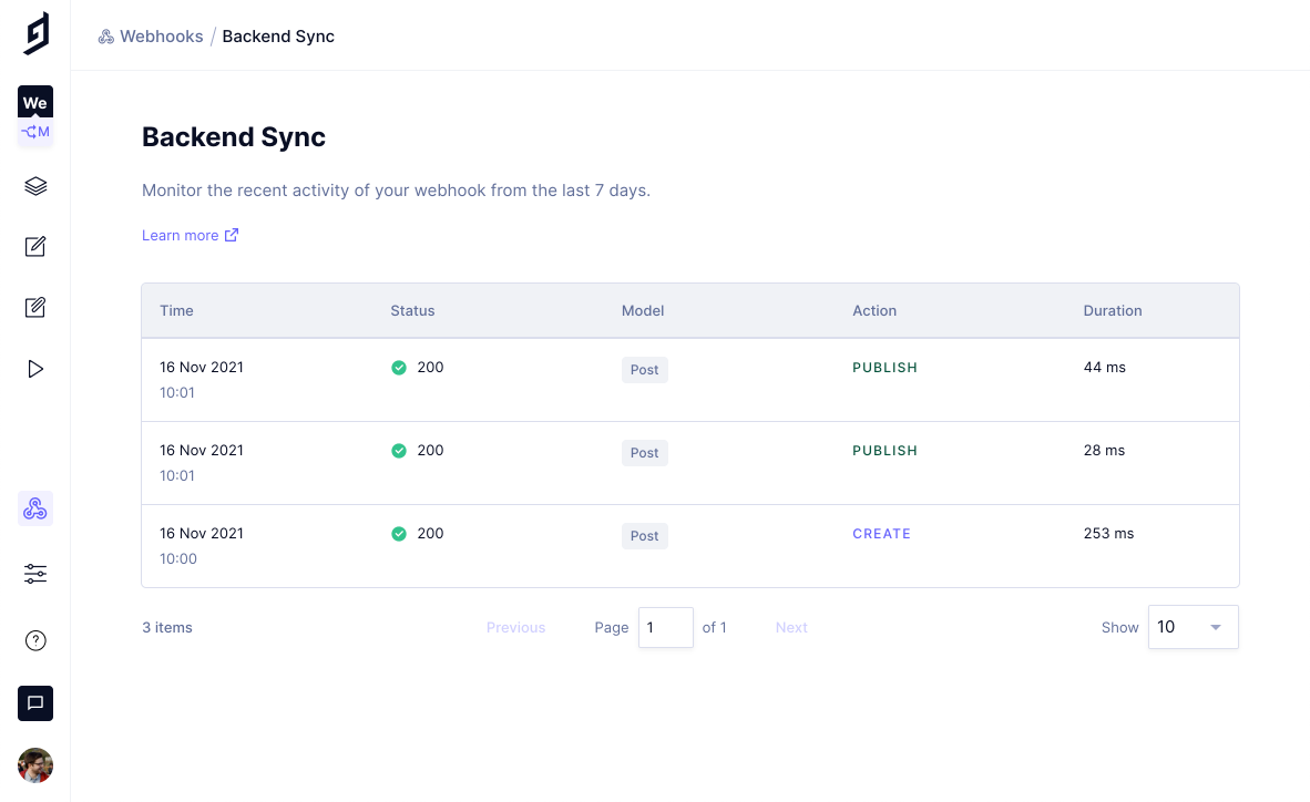 Hygraph webhook logs overview