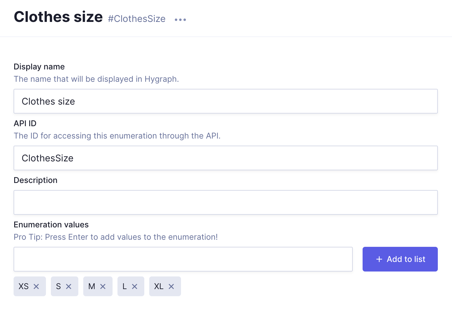 Clothes size enumeration