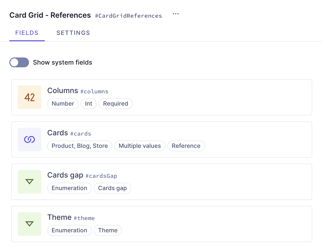 Card grid with references